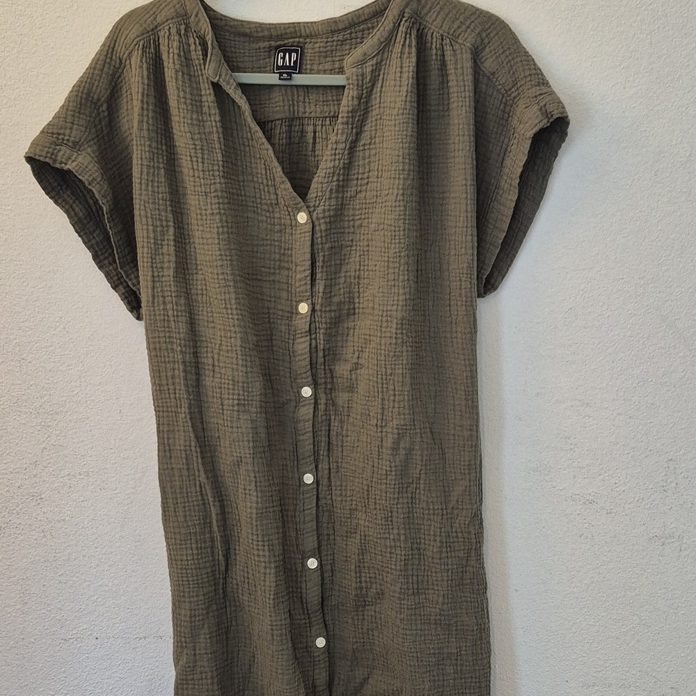 GAP Olive Green 100% Cotton Button-Down Women's Midi Dress